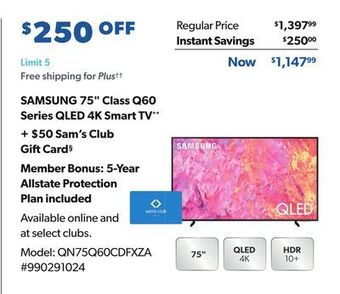 Sam's Club Samsung 75 class q60 series qled 4k smart tv** offer