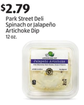 Aldi Park street deli spinach or jalapeño artichoke dip offer