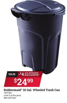 Ace Hardware Rubbermaid 32 gal. wheeled trash can offer