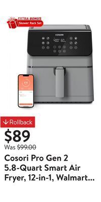 Walmart Cosori pro gen 2 5.8-quart smart air fryer, 12-in-1, walmart exclusive bonus, light gray offer