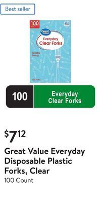 Walmart Great value everyday disposable plastic forks, clear offer