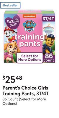 Walmart Parent's choice girls training pants, 3t/4t offer
