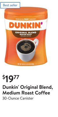 Walmart Dunkin' original blend, medium roast coffee offer