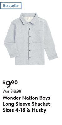 Walmart Wonder nation boys long sleeve shacket, sizes 4-18 & husky offer