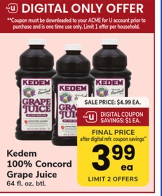 ACME Kedem 100% concord grape juice offer