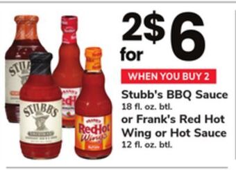 ACME Stubb's bbq sauce 18 fl. oz. btl. or frank's red hot wing or hot sauce 12 fl. oz. btl offer