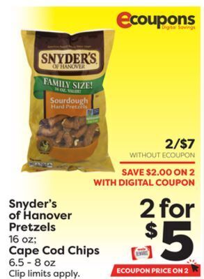 Weis Markets Snyder's of hanover pretzels 16 oz cape cod chips 6.5-8 oz offer