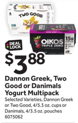 Stop&Shop Dannon greek, two good or danimals yogurt multipack offer