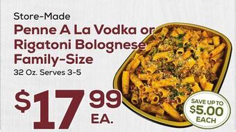 DeCicco & Sons Penne a la vodka or rigatoni bolognese family-size offer