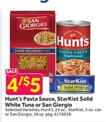 Stop&Shop Hunt's pasta sauce, starkist solid white tuna or san giorgio offer