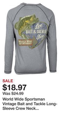 Cabela's World wide sportsman vintage bait and tackle long-sleeve crew neck t-shirt for men offer