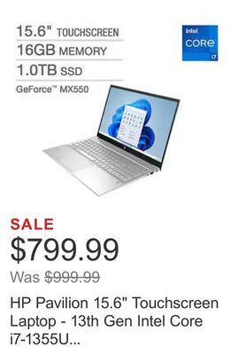 Costco Hp pavilion 15.6 touchscreen laptop - 13th gen intel core i7-1355u - geforce mx550 - 1080p - windows 11 professional offer