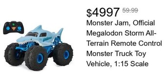 Walmart Monster Jam, Official Megalodon Storm All-Terrain Remote Control Monster Truck Toy Vehicle, 1:15 Scale offer