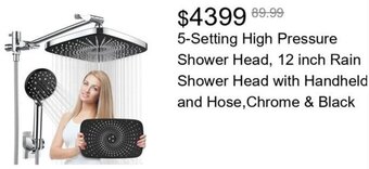 Walmart 5-Setting High Pressure Shower Head, 12 inch Rain Shower Head with Handheld and Hose, Chrome & Black offer