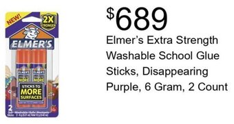 Walmart Elmer's Extra Strength Washable School Glue Sticks, Disappearing Purple, 6 Gram, 2 Count offer