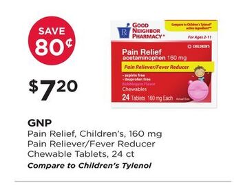 Good Neighbor Pharmacy Gnp pain relief, children's, 160 mg pain reliever/fever reducer chewable tablets offer