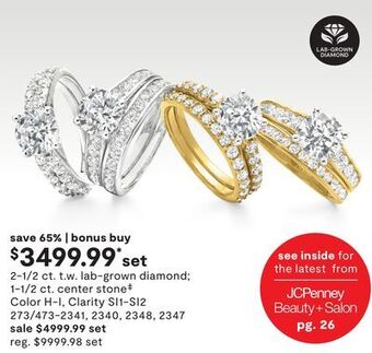 JC Penney 2-1/2 ct. t.w. lab-grown diamond 1-1/2 ct. center stone‡ color h-i, clarity si1-si2 offer