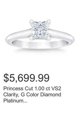 Costco Princess cut 1.00 ct vs2 clarity, g color diamond platinum solitaire ring offer
