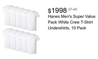 Walmart Hanes Men's Super Value Pack White Crew T-Shirt Undershirts, 10 Pack offer