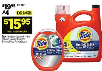 Dollar General Tide hygienic clean pods 45 ct. or liquid laundry detergent 94 load/146 oz offer