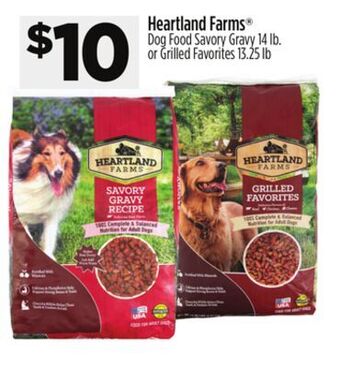 Dollar General Heartland farms dog food savory gravy 14 lb. or grilled favorites 13.25 lb offer