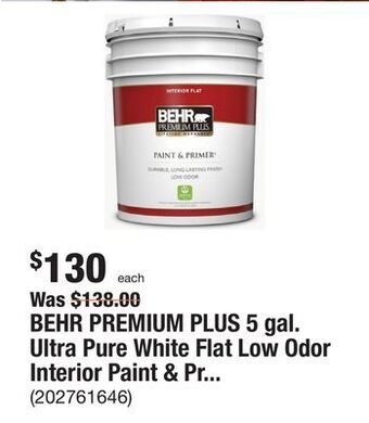 The Home Depot Behr premium plus 5 gal. ultra pure white flat low odor interior paint & primer offer