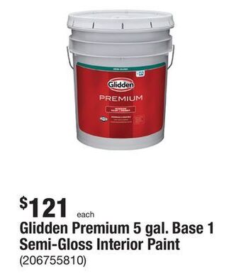The Home Depot Glidden premium 5 gal. base 1 semi-gloss interior paint offer