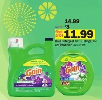 Meijer Gain Detergent 165 oz, Flings Or Fireworks 26.5 oz offer