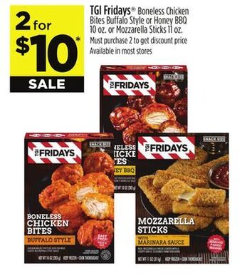 Dollar General Tgi fridays boneless chicken bites buffalo style or honey bbq 10 oz. or mozzarella sticks 11 oz offer