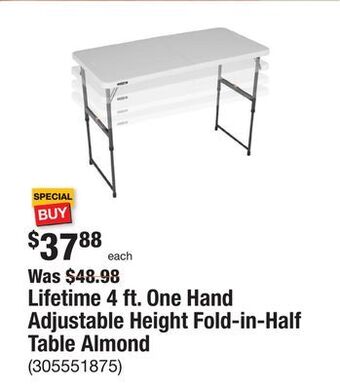 The Home Depot Lifetime 4 ft. one hand adjustable height fold-in-half table almond offer