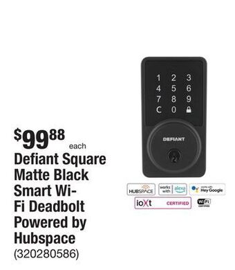 The Home Depot Defiant square matte black smart wi-fi deadbolt powered by hubspace offer