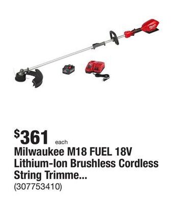 The Home Depot Milwaukee m18 fuel 18v lithium-ion brushless cordless string trimmer with quik-lok attachment capability and 8.0 ah battery offer