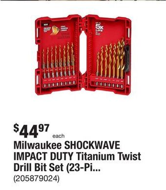 The Home Depot Milwaukee shockwave impact duty titanium twist drill bit set (23-piece) offer