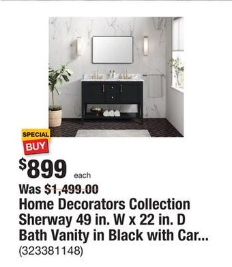 The Home Depot Home decorators collection sherway 49 in. w x 22 in. d bath vanity in black with carrara marble vanity top in white with whit offer
