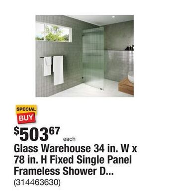 The Home Depot Glass warehouse 34 in. w x 78 in. h fixed single panel frameless shower door in matte black with fluted frosted glass offer