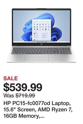 Office Depot Hp pc15-fc0077od laptop, 15.6 screen, amd ryzen 7, 16gb memory, 256gb solid state drive, wi-fi 6, windows 11 offer