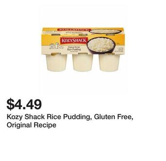 Wegmans Kozy shack rice pudding, gluten free, original recipe offer