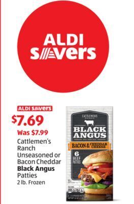 Aldi Cattlemen's ranch unseasoned or bacon cheddar black angus patties offer