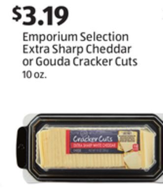 Aldi Emporium selection extra sharp cheddar or gouda cracker cuts offer