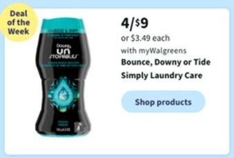 Walgreens Bounce, downy or tide simple laundry care offer