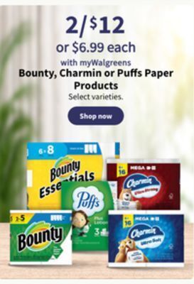 Walgreens Bounty, charmin or puffs paper products offer