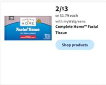 Walgreens Complete home facial tissue offer
