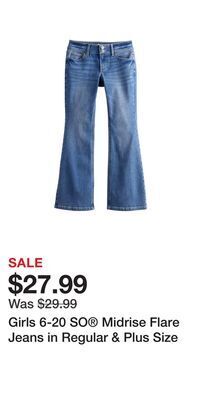Kohl's Girls 6-20 so midrise flare jeans in regular & plus size offer