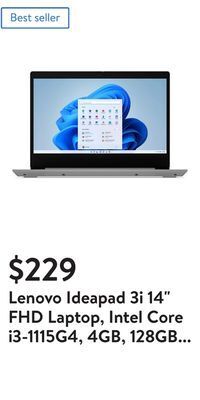 Walmart Lenovo ideapad 3i 14 fhd laptop, intel core i3-1115g4, 4gb, 128gb ssd, windows 11 in s mode, platinum grey, 81x700fgus offer