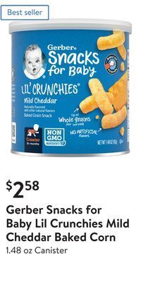 Walmart Gerber snacks for baby lil crunchies mild cheddar baked corn offer