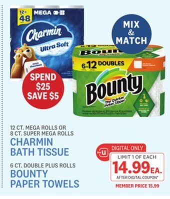 Kings Food Markets 12 ct. mega rolls or 8 ct. super mega rolls charmin bath tissue 6 ct. double plus rolls bounty paper towels offer
