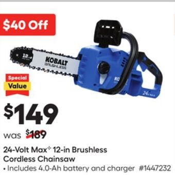 Lowe's 24-volt max c 12-in brushless cordless chainsaw offer