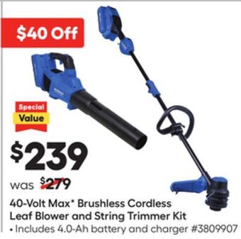 Lowe's 40-volt max v brushless cordless leaf blower and string trimmer kit offer