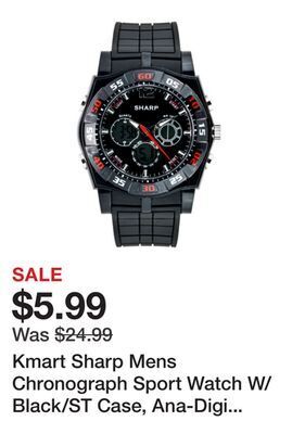 Kmart Kmart sharp mens chronograph sport watch w/black/st case, ana-digi dial and black band offer