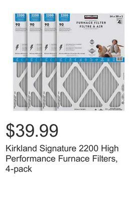 Costco Kirkland signature 2200 high performance furnace filters, 4-pack offer